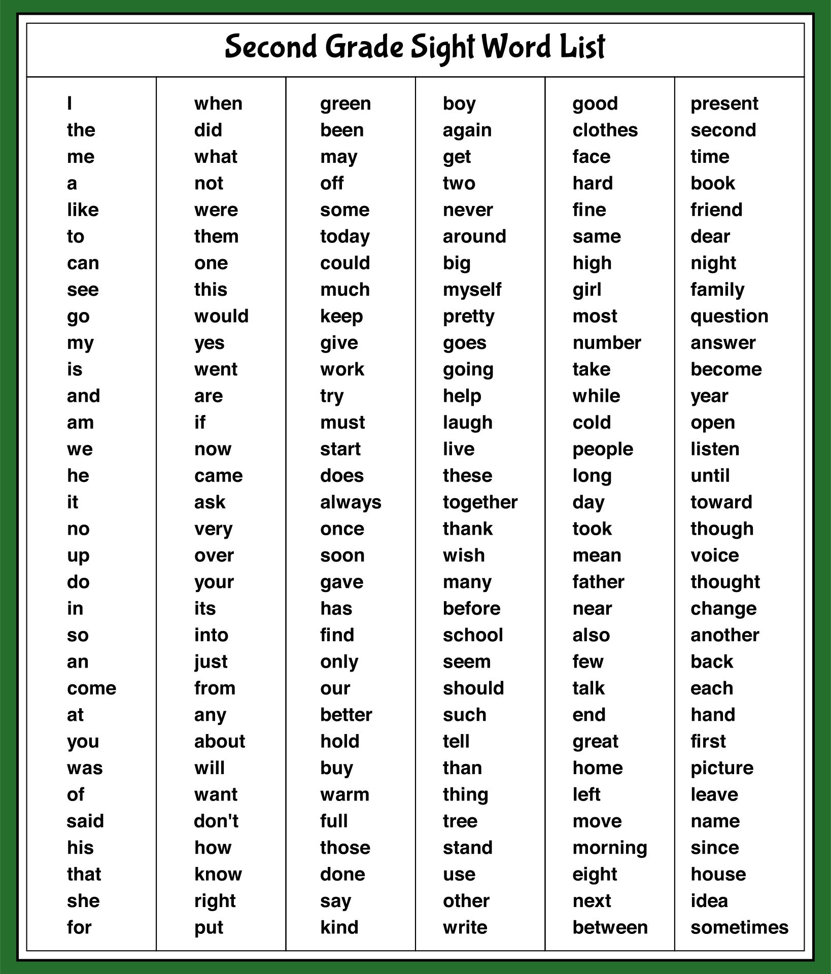 Second Grade Sight Words List - 10 Free Pdf Printables throughout Free Printable 2Nd Grade Sight Words