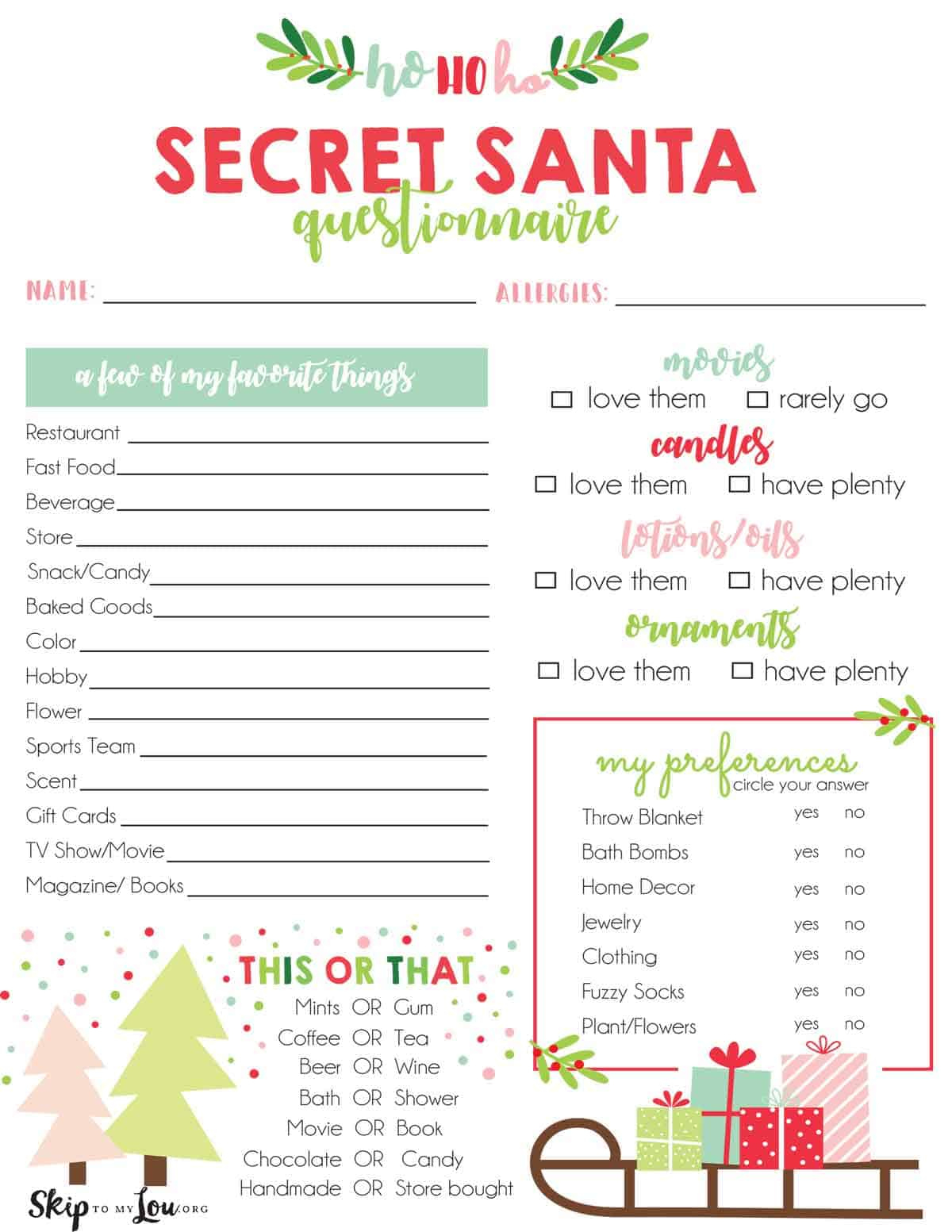 Secret Santa Questionnaire | Skip To My Lou throughout Secret Santa Printable Questionnaire Free