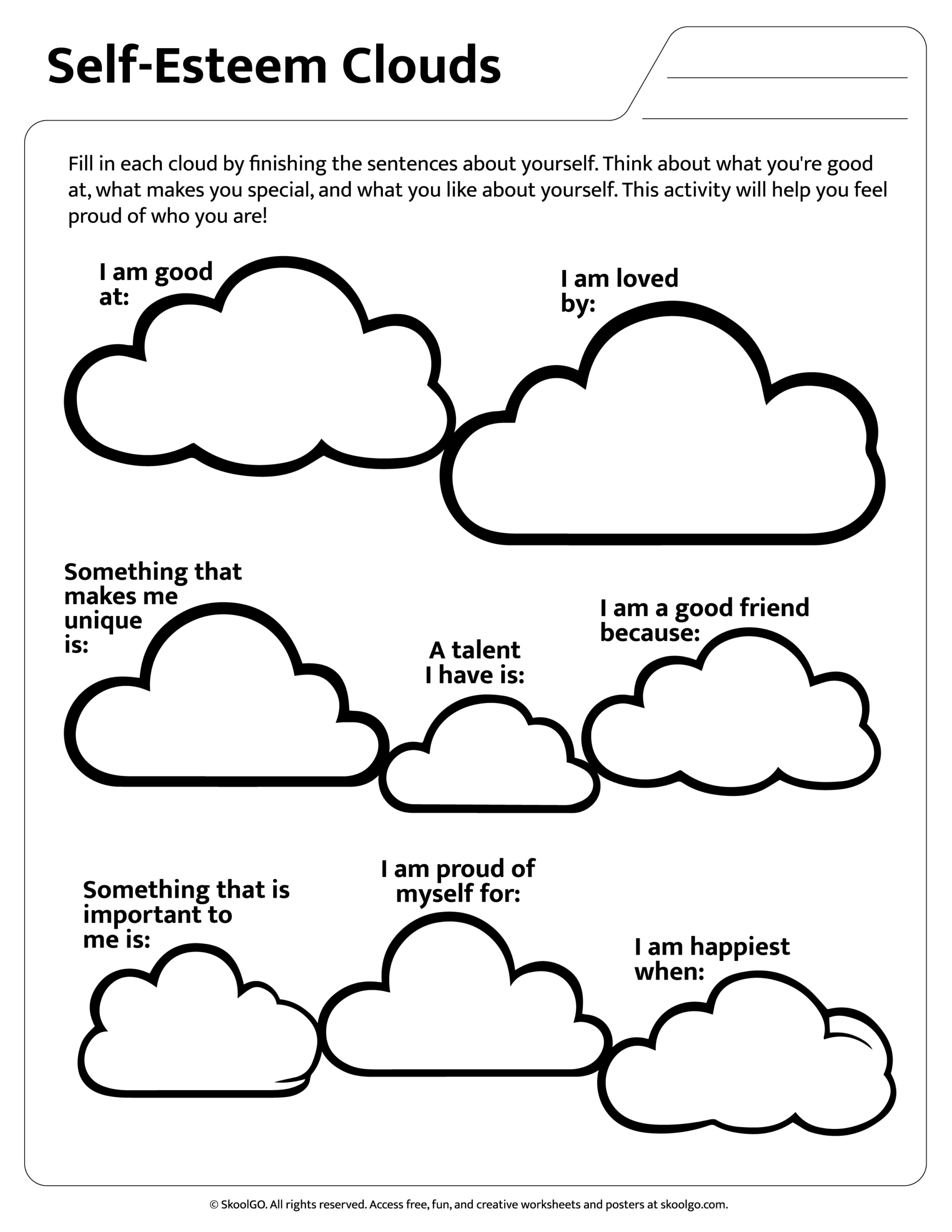 Self-Esteem Clouds: Free Printable For Grades 1–3 - Skoolgo for Free Printable Self Esteem Worksheets