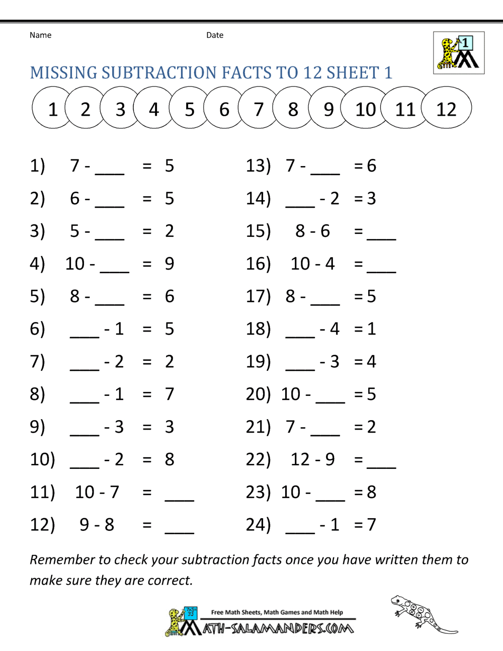 Subtraction Facts Worksheets 1St Grade with Free Printable Subtraction Worksheets For Grade 1