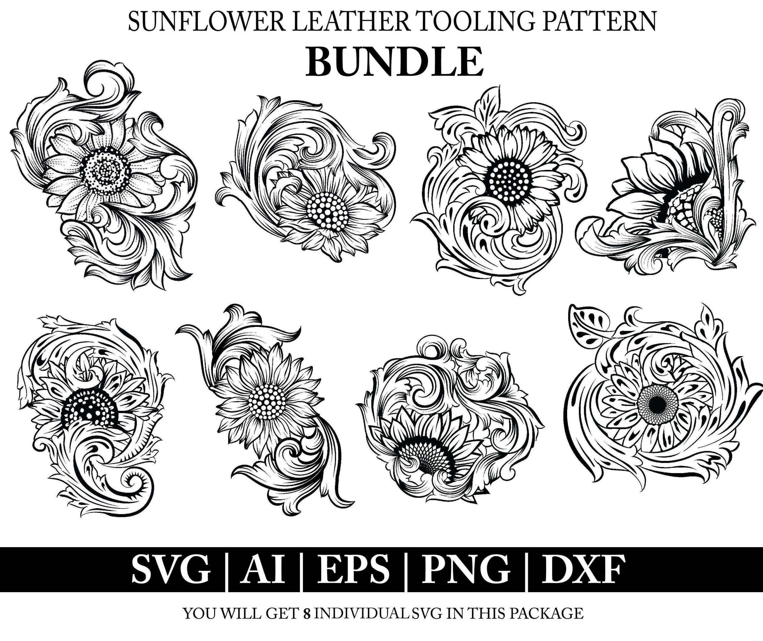 Sunflower Leather Tooling Svg Bundle: Western Flower Carving for Printable Western Printable Leather Tooling Patterns