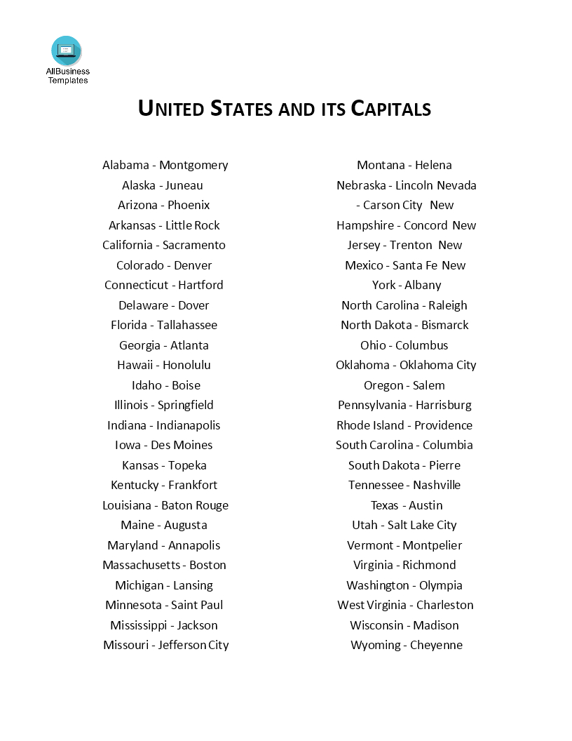 Télécharger Gratuit Usa States And Capitals List inside Printable List of United States and Capitals