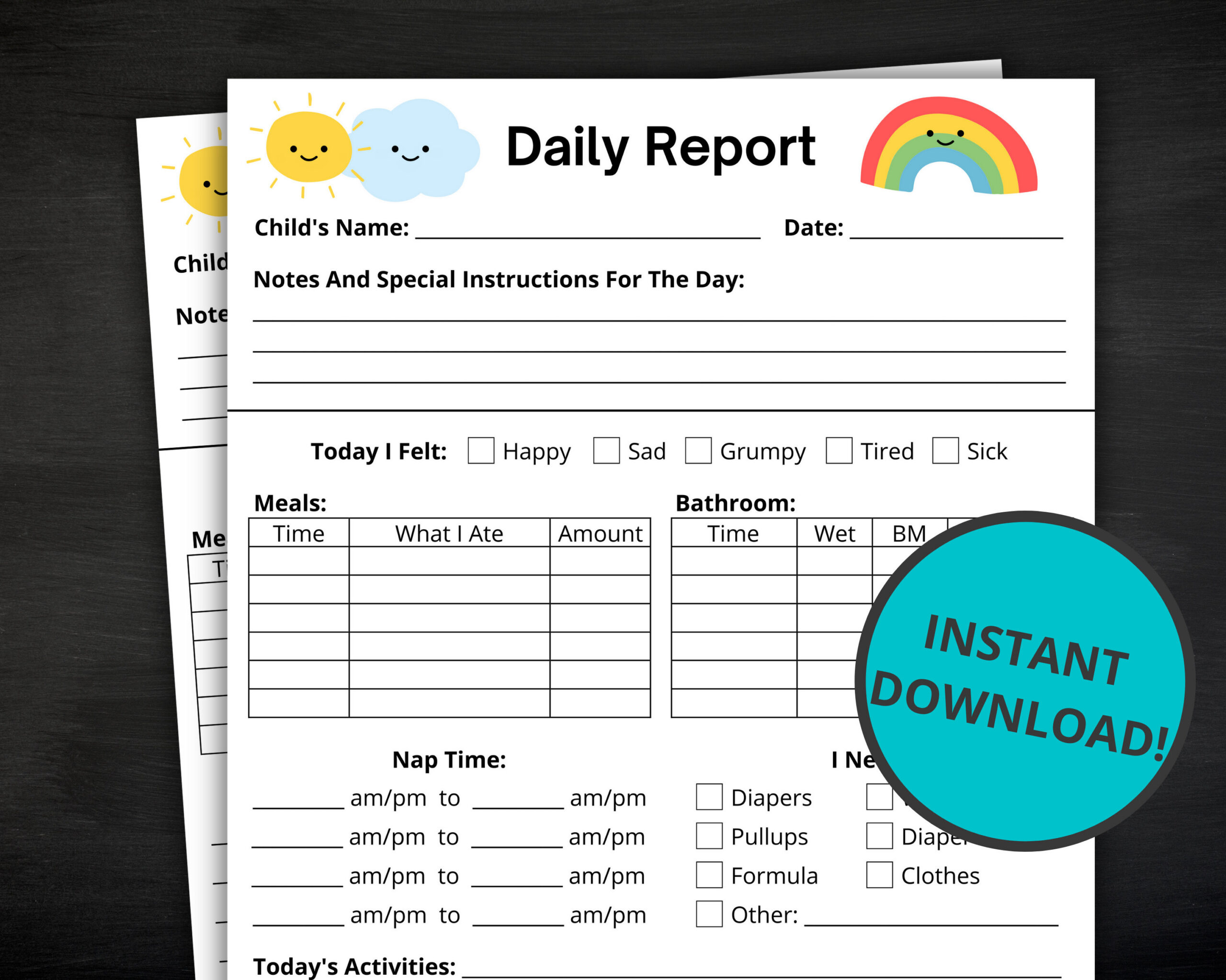 Toddler Daily Report | Daily Log For Daycare, Preschool, Nanny with regard to Free Printable Toddler Daily Report
