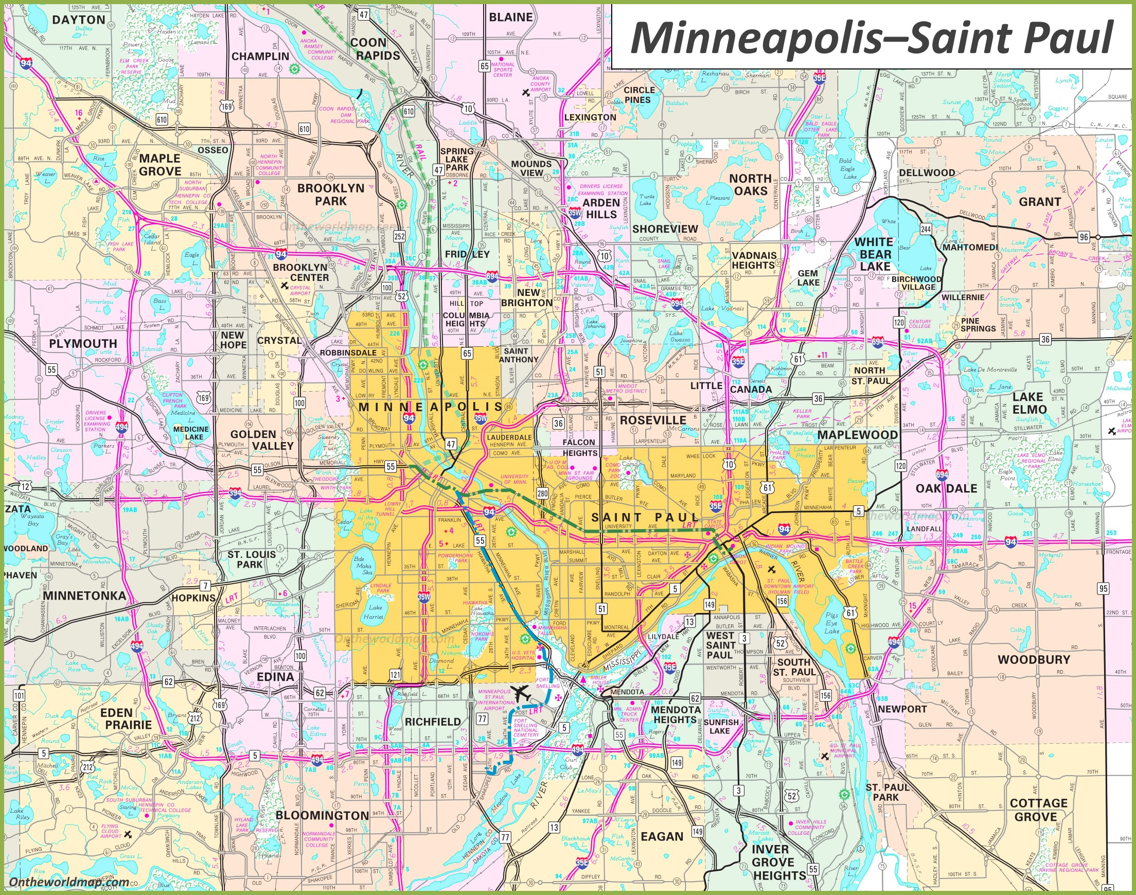 Twin Cities Map (Minneapolis–Saint Paul Map) - Ontheworldmap pertaining to Printable Map of Twin Cities Metro Area