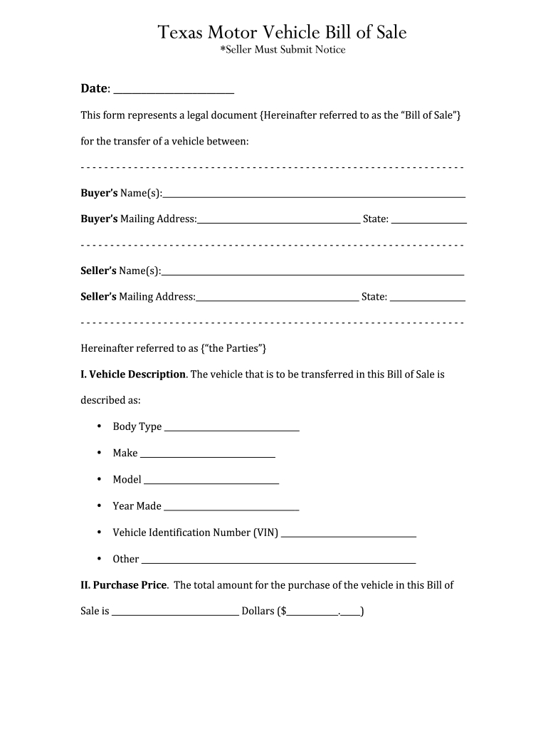 Tx Motor Vehicle Bill Of Sale Form - Fill Online, Printable for Printable Vehicle Bill Of Sale Texas