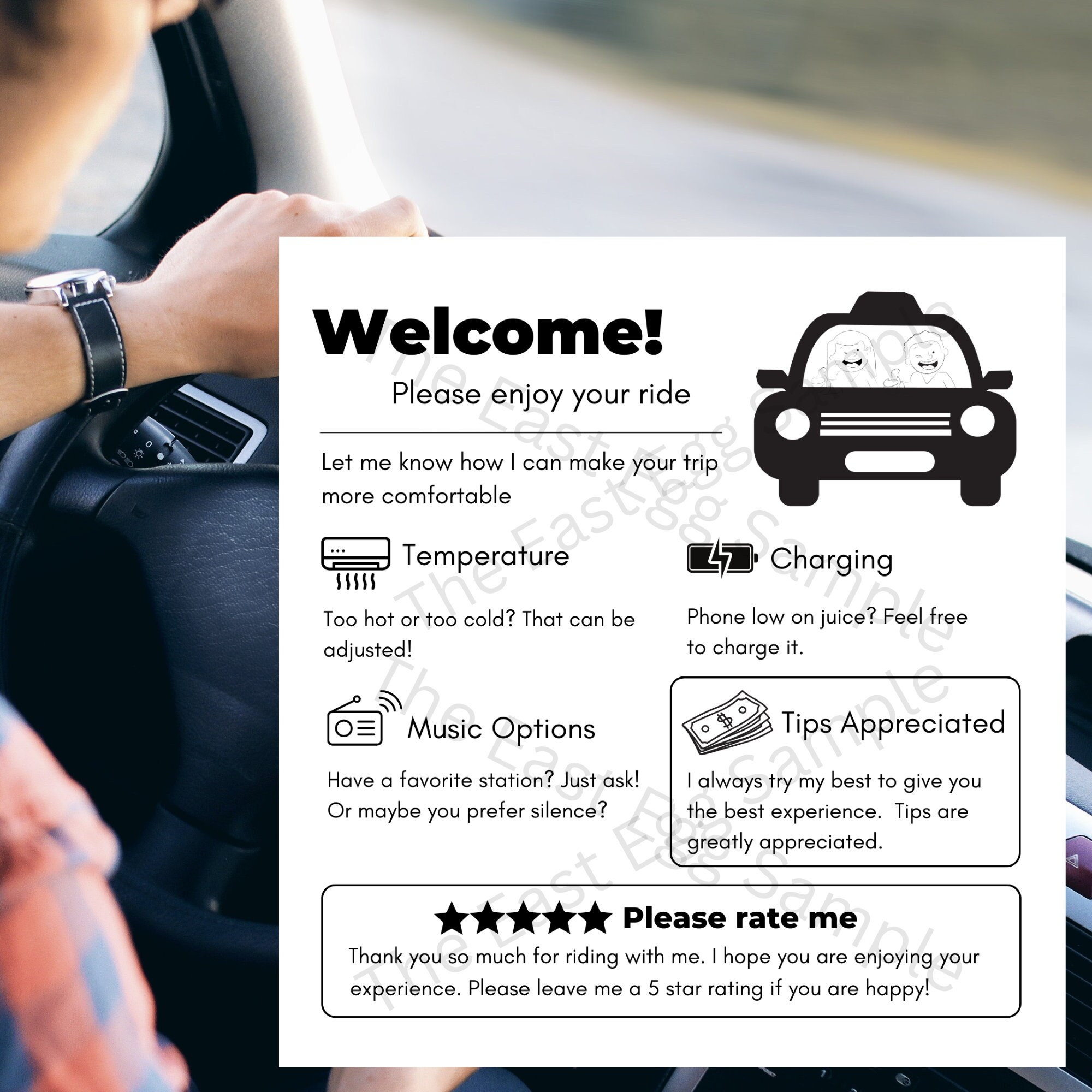 Uber Lyft Taxi Rideshare Sign Printable | Editable Sign | Uber Tip in Uber Sign For Car Printable