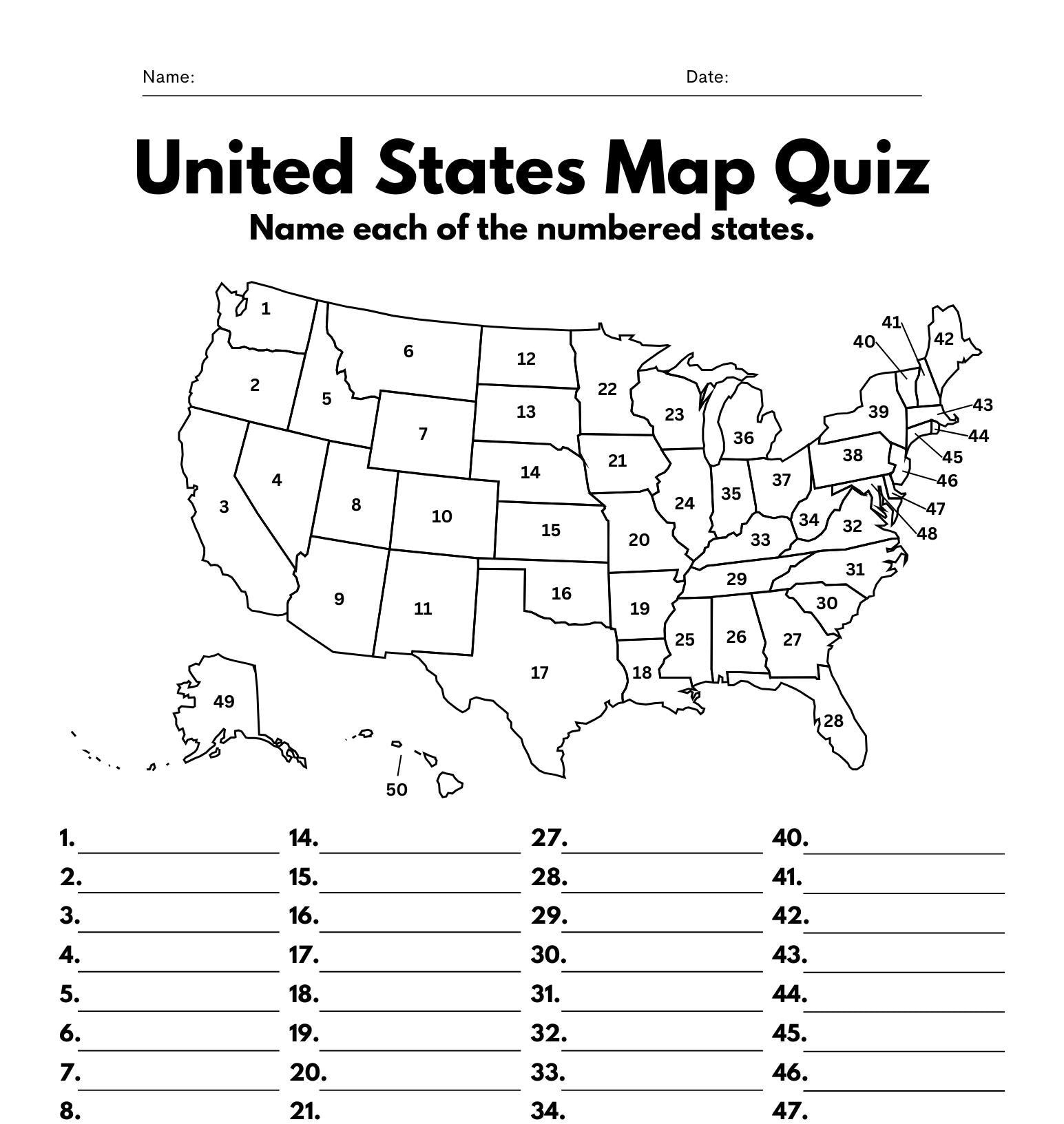 United States Map Quiz Worksheet, 2 Pages - Etsy pertaining to United States Map Quiz Printable
