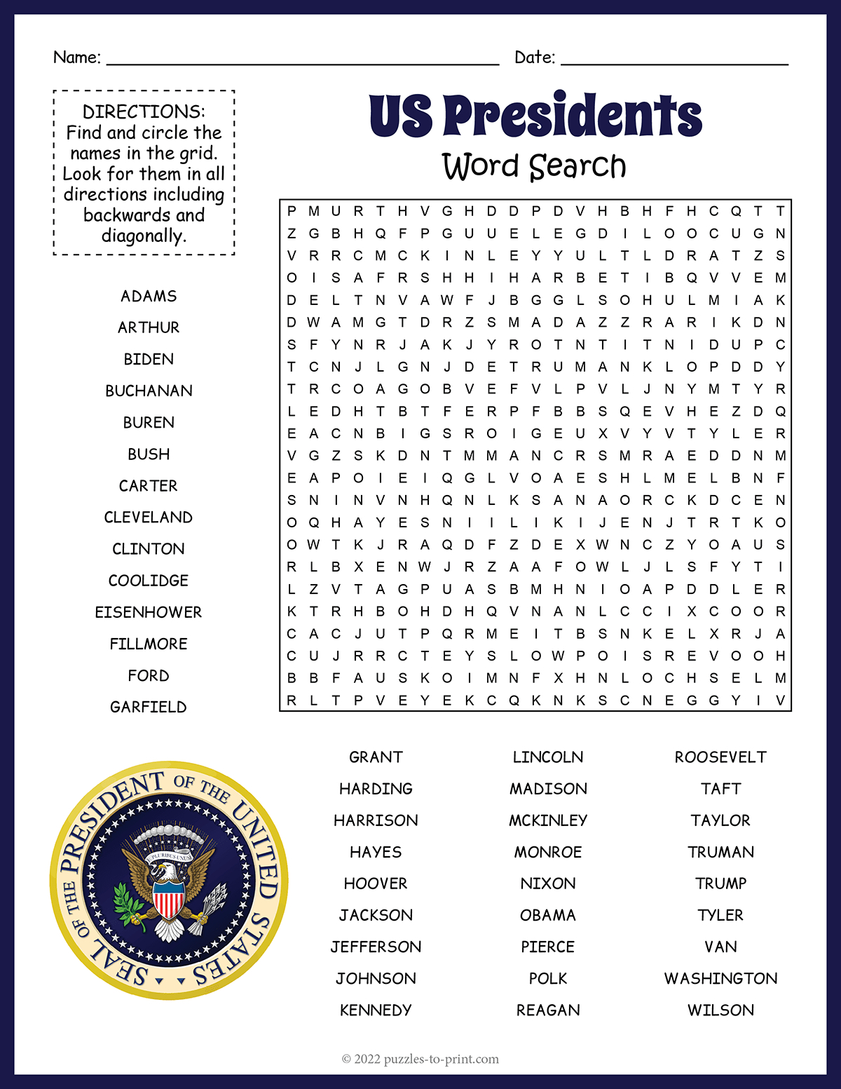 Us Presidents' Day Word Search in Presidents Day Word Search Printable