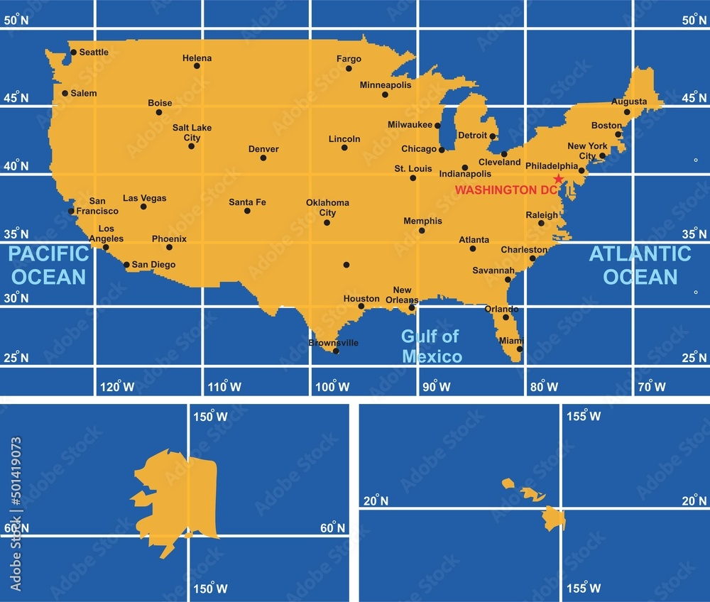 Usa Map Infographic Diagram With All Surrounding Oceans Main with regard to Us Map Latitude and Longitude Printable