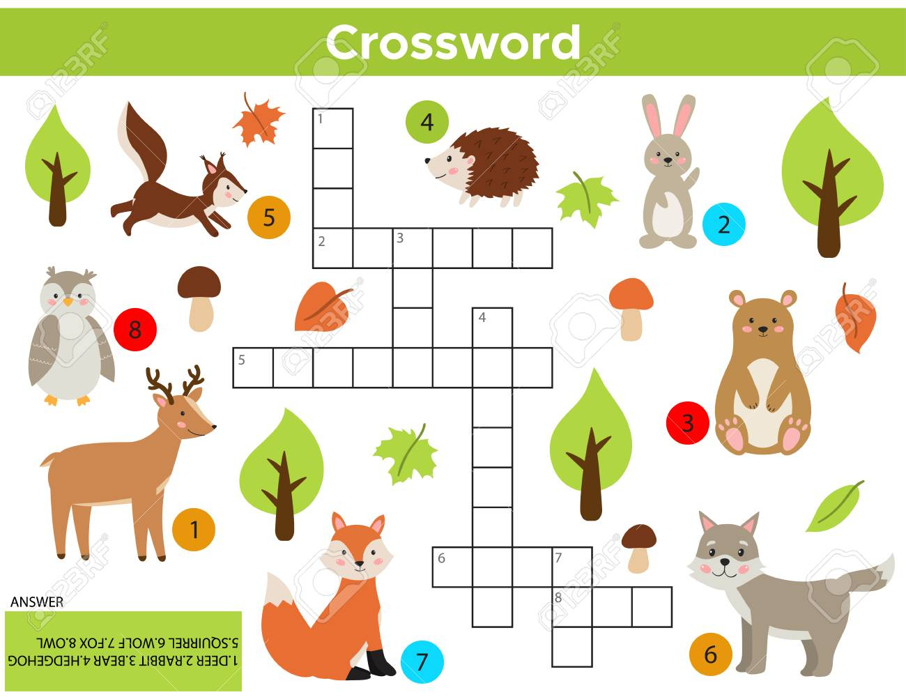 Vector Forest Animals Crossword In English. Education Game For for Fox Crossword Puzzle Today Printable