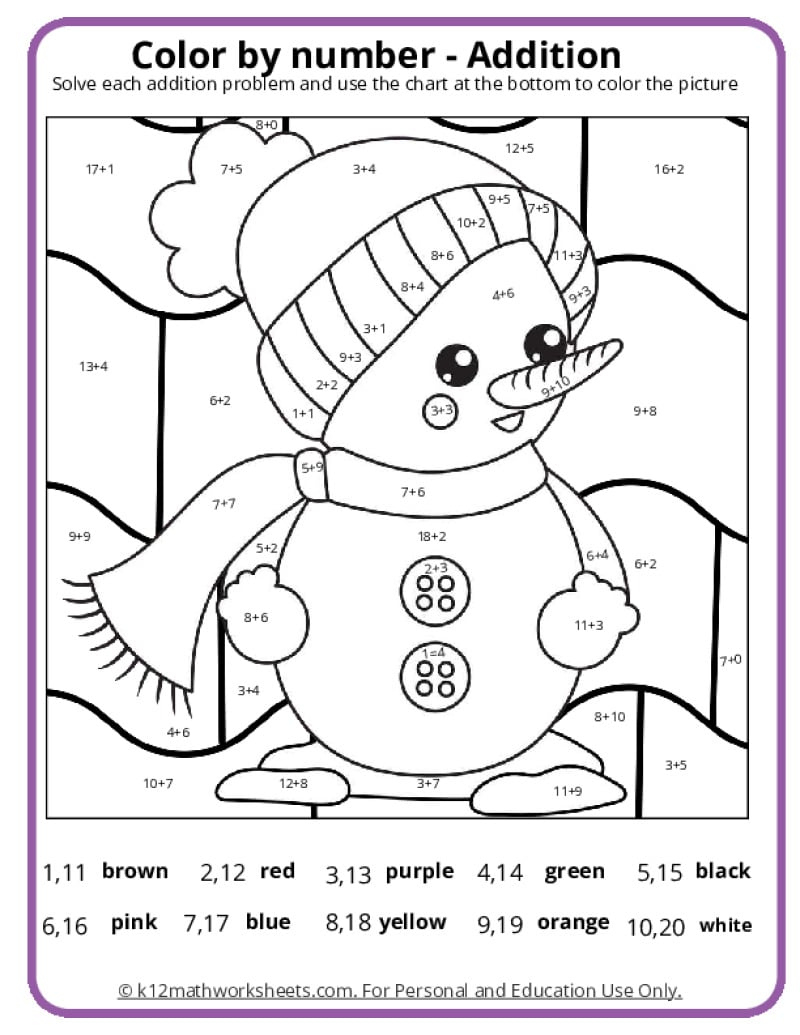 Winter Colornumber Pages - K12 Math Worksheets pertaining to Free Printable Preschool Winter Worksheets